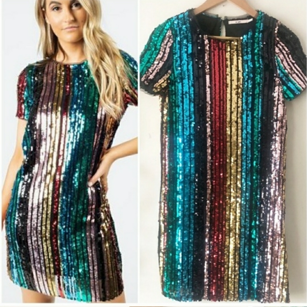 Francesca’s Miami Shaiann Sparkle Stripe Sequin Dress Size XS, NWOT